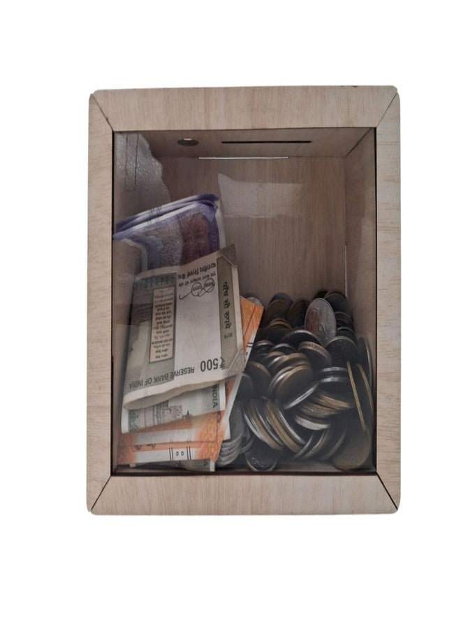 Nispruhay Wooden Money Piggy Bank Gullak Coin Box with Carved Design Savings Box Mini Bank Donation Box Smart Money Cash Coin Saving Box (White Wood with Transparent Acrylic) - Image 4